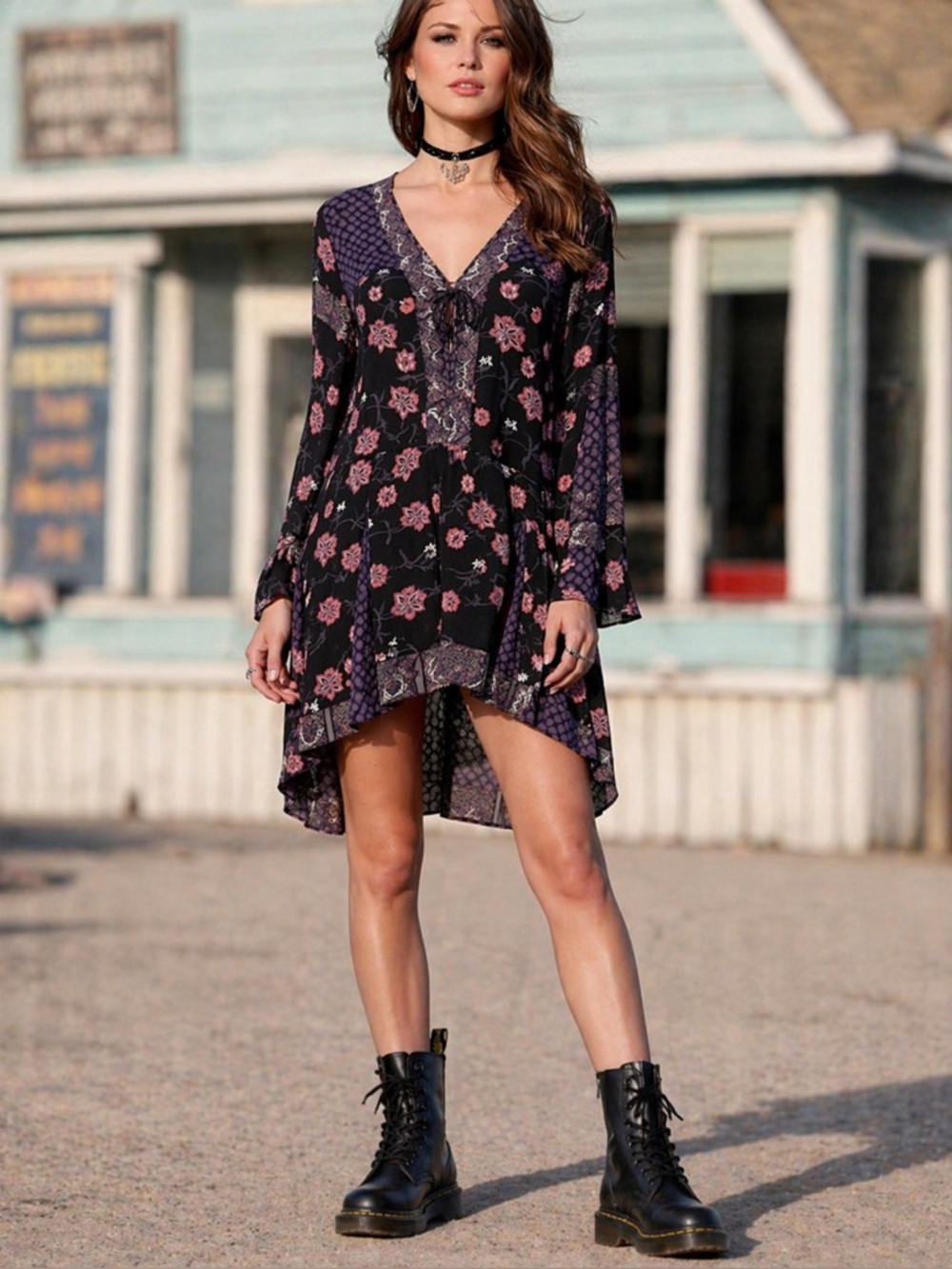 Anna Sui x O’Neill Black Boho Dark Romantic Whimsigoth Lace Up Dress High Low